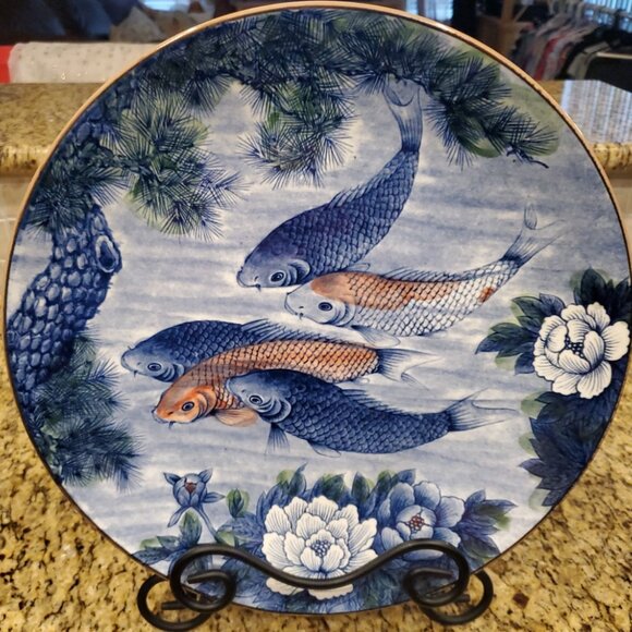 Vintage Japanese Porcelain Koi Fish & Lotus Floral 12.5” Serving Platter - Picture 3 of 6